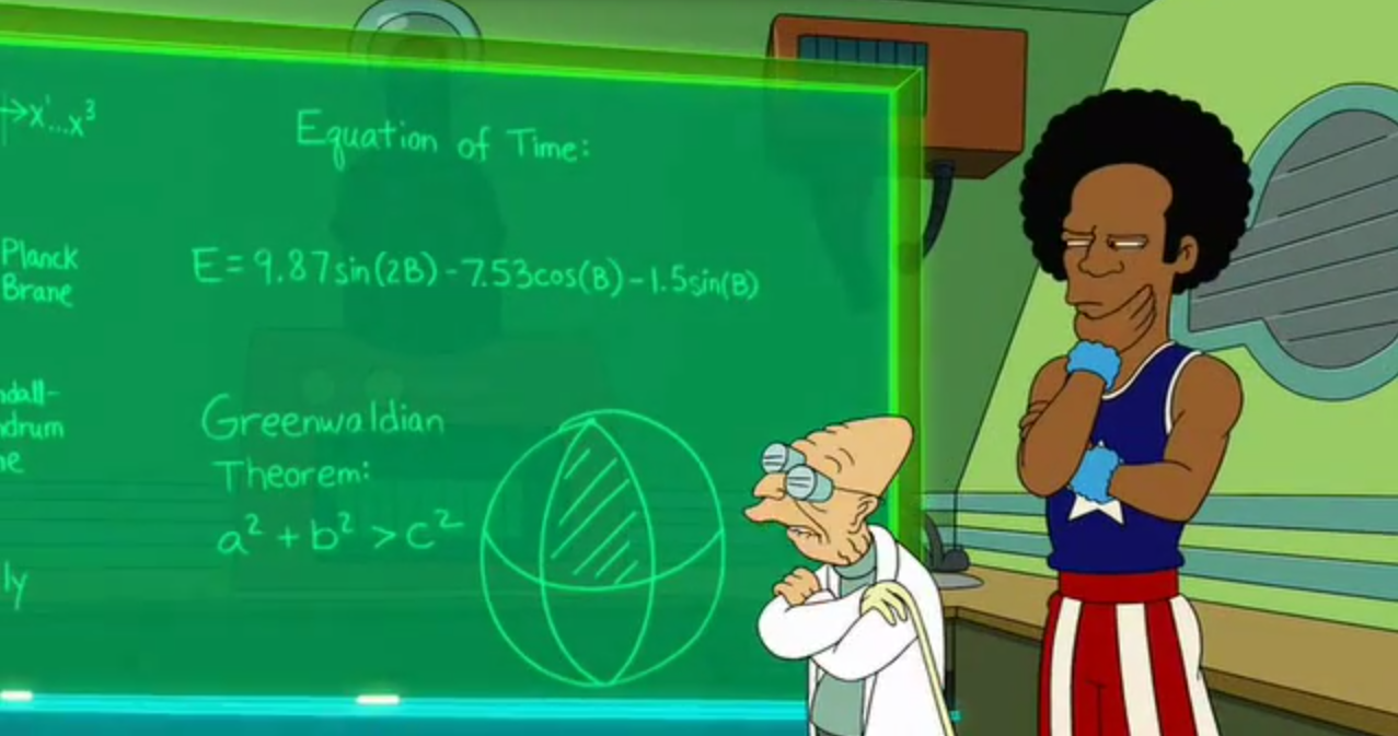 A futuristic chalk board with Professor Farnsworth and Ethan "Bubblegum" Tate studying it