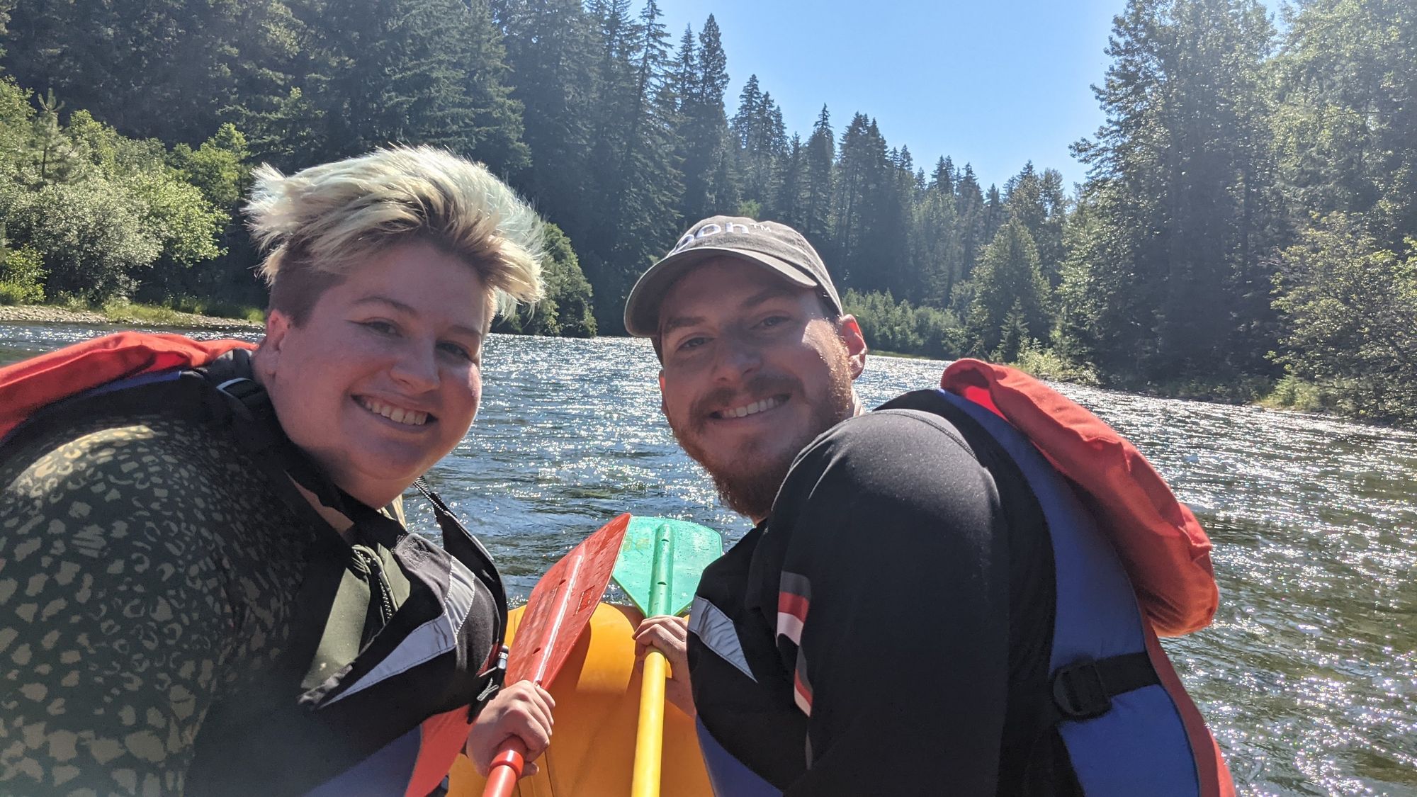 Robin on the Left, Ryan on the Right, Onboard a raft on the Cle Elum River in Washington