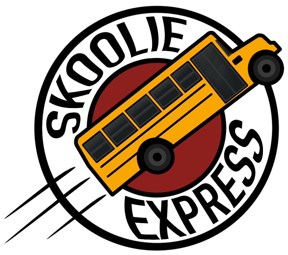 A school bus taking off into the sky with the words Skoolie Express around it